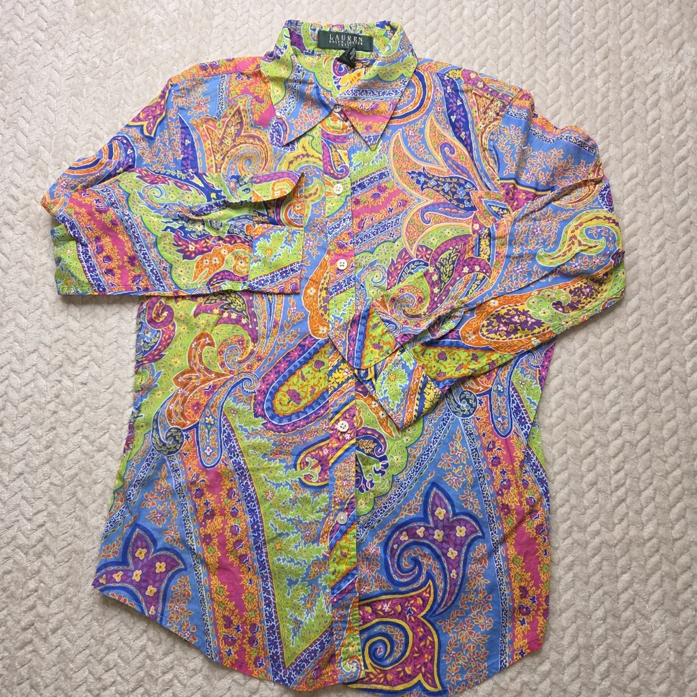 Lauren Ralph Lauren Petite Paisley Print 3/4 Sleeve Button Up Shirt Women's PXS